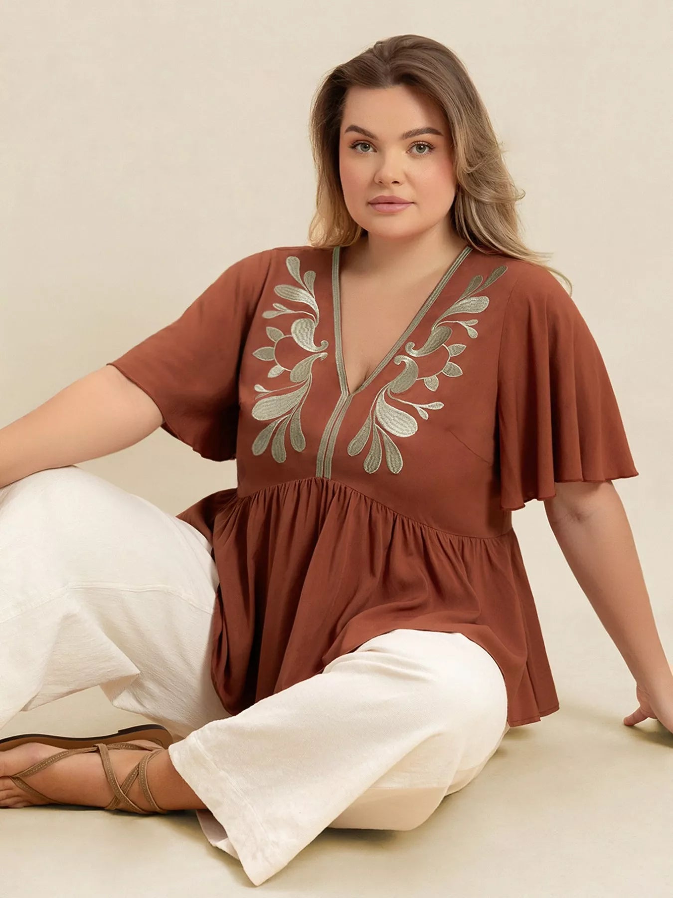 Plus Size Embroidered V-Neck Flutter Sleeve Blouse OutfitFlow