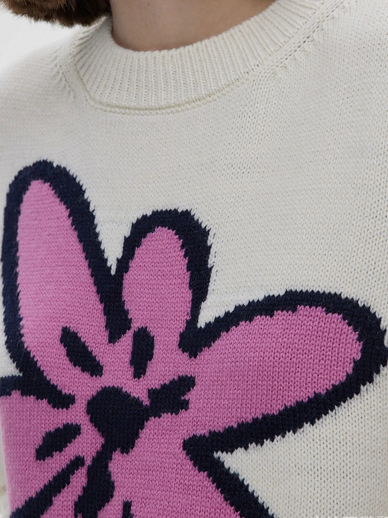 Flower Ribbed Hem Round Neck Sweater OutfitFlow