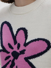 Flower Ribbed Hem Round Neck Sweater OutfitFlow