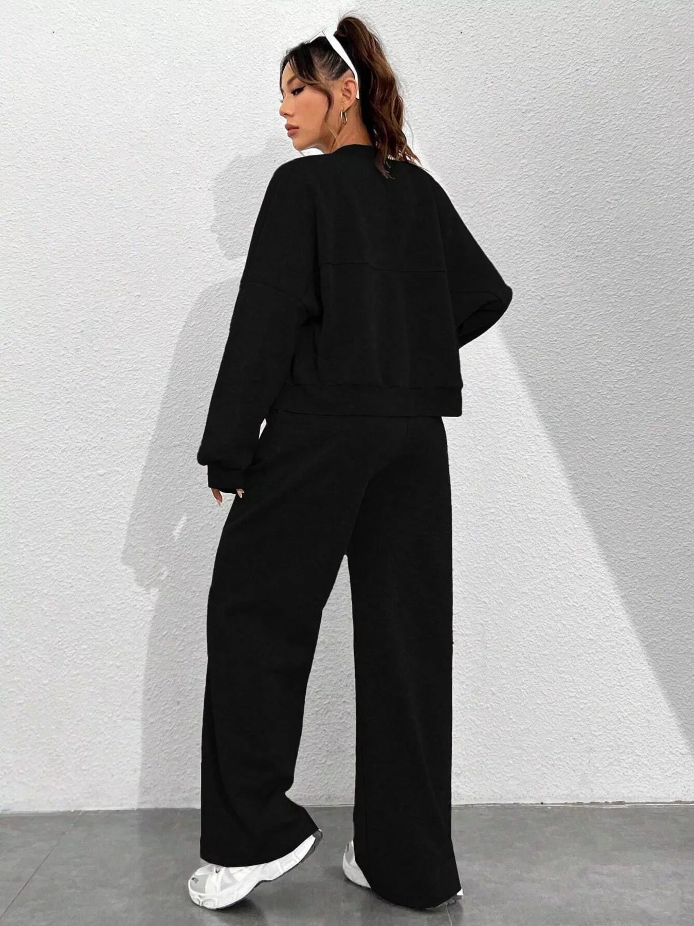 Casual Solid Color Zipper Jacket and Wide Leg Pants Set OutfitFlow