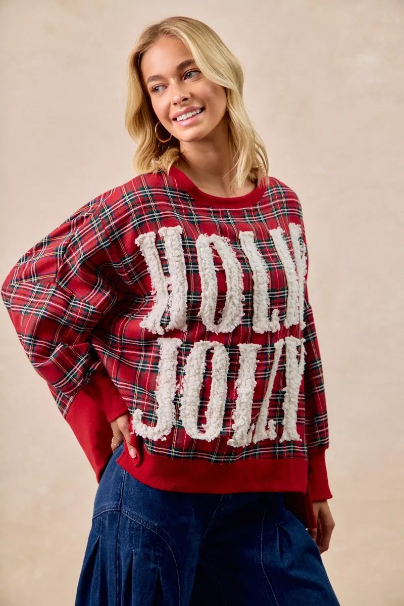 BiBi Holly Jolly Christmas Plaid Oversized Sweatshirt OutfitFlow
