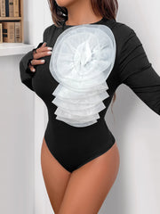 Flower Round Neck Long Sleeve Bodysuit OutfitFlow