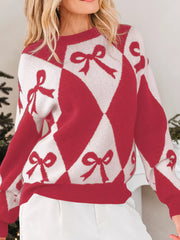 Bow Print 2-Tone Rhombus Knit Loose Sweater Trendsi