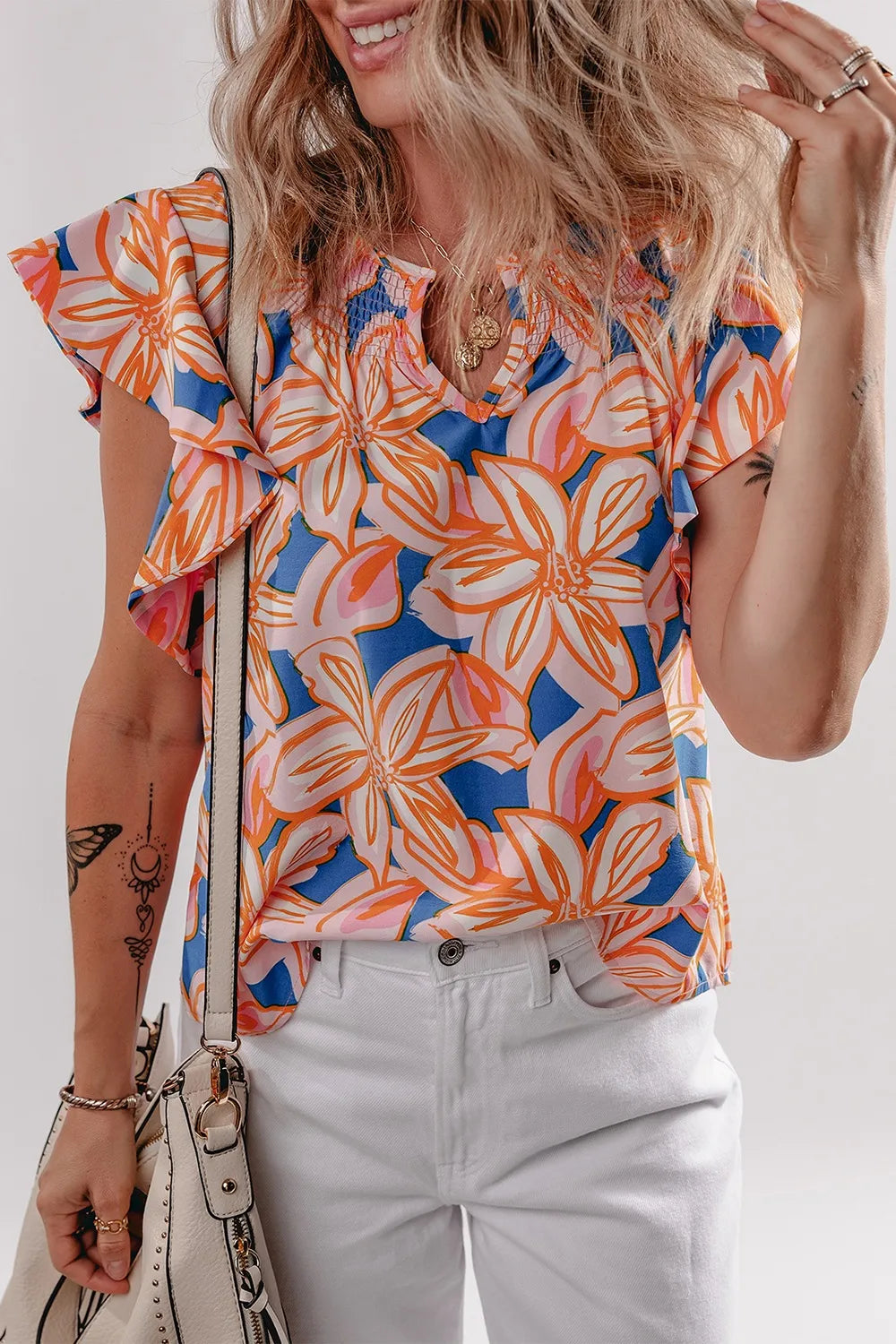 Flower Print Notched Neck Ruffle Sleeve Blouse OutfitFlow