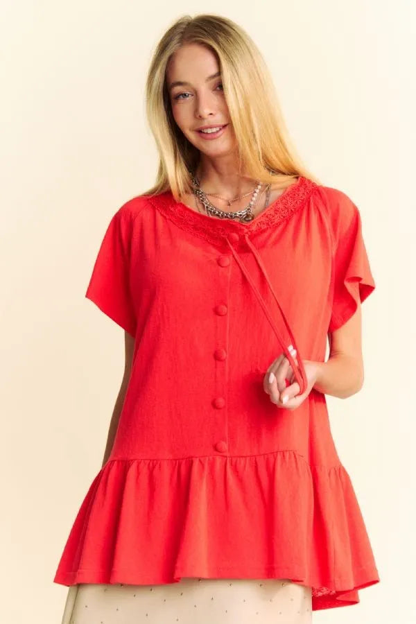 Davi & Dani Solid Lace Trim Neck Short Sleeve Peplum Top TOMATO OutfitFlow