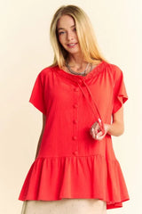Davi & Dani Solid Lace Trim Neck Short Sleeve Peplum Top TOMATO OutfitFlow