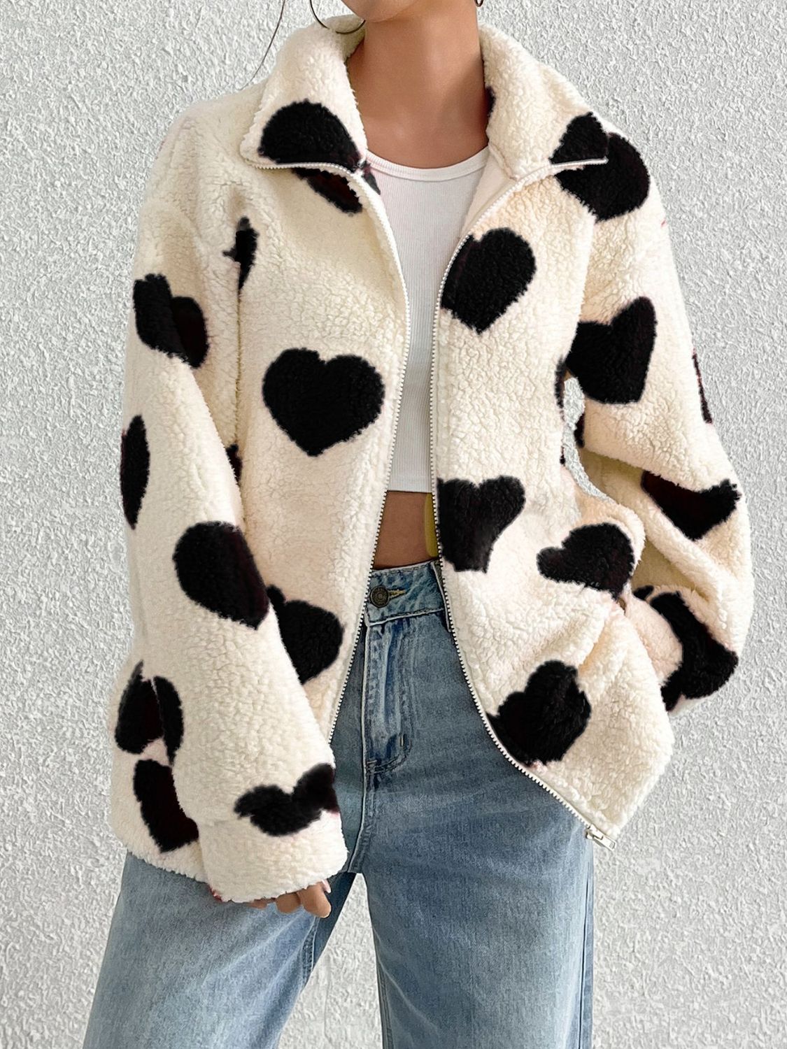 Outfit Flow - Heart Zip Up Drop Shoulder Furry Jacket