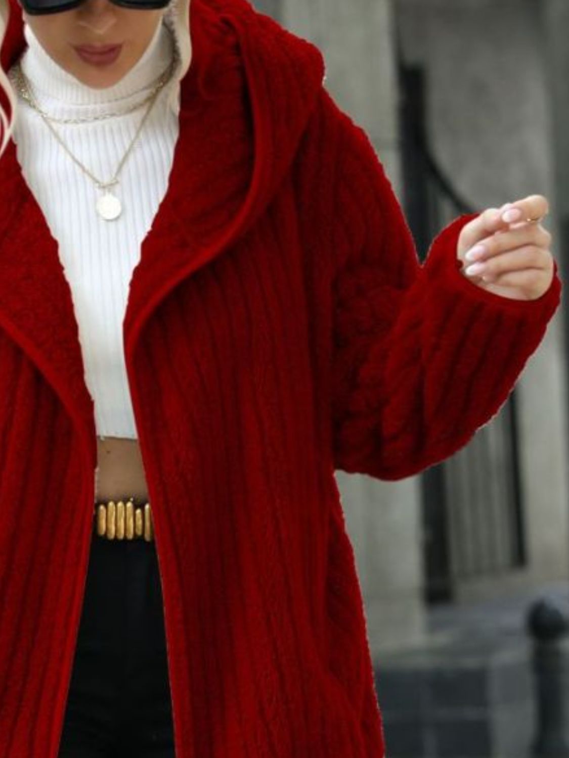 Open Front Ribbed Hooded Coat Trendsi