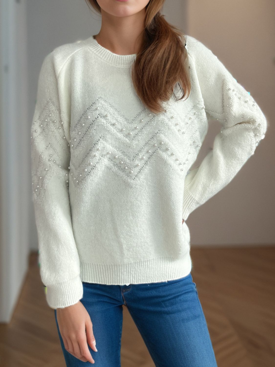 Pearl Trim Round Neck Raglan Sleeve Sweater