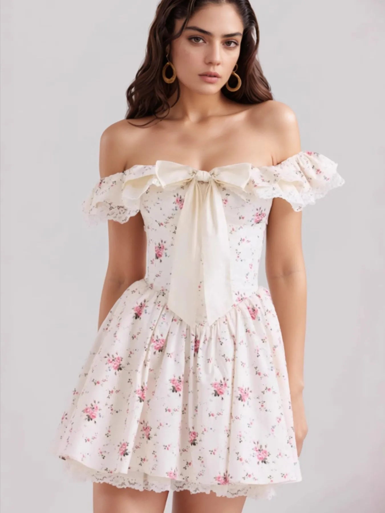 Off-Shoulder Floral Lace Trim Mini Dress Floral OutfitFlow