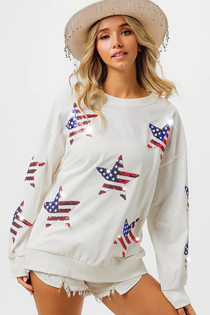 BiBi American Flag Sequin Star Sweatshirt OutfitFlow