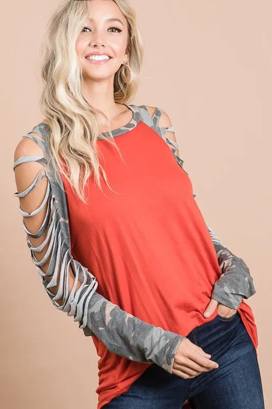 BiBi Jersey Knit Top with Camouflage Laser Cut Sleeves OutfitFlow