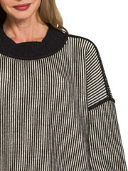 Zenana Exposed Seam Two Tone Ribbed Sweater Trendsi