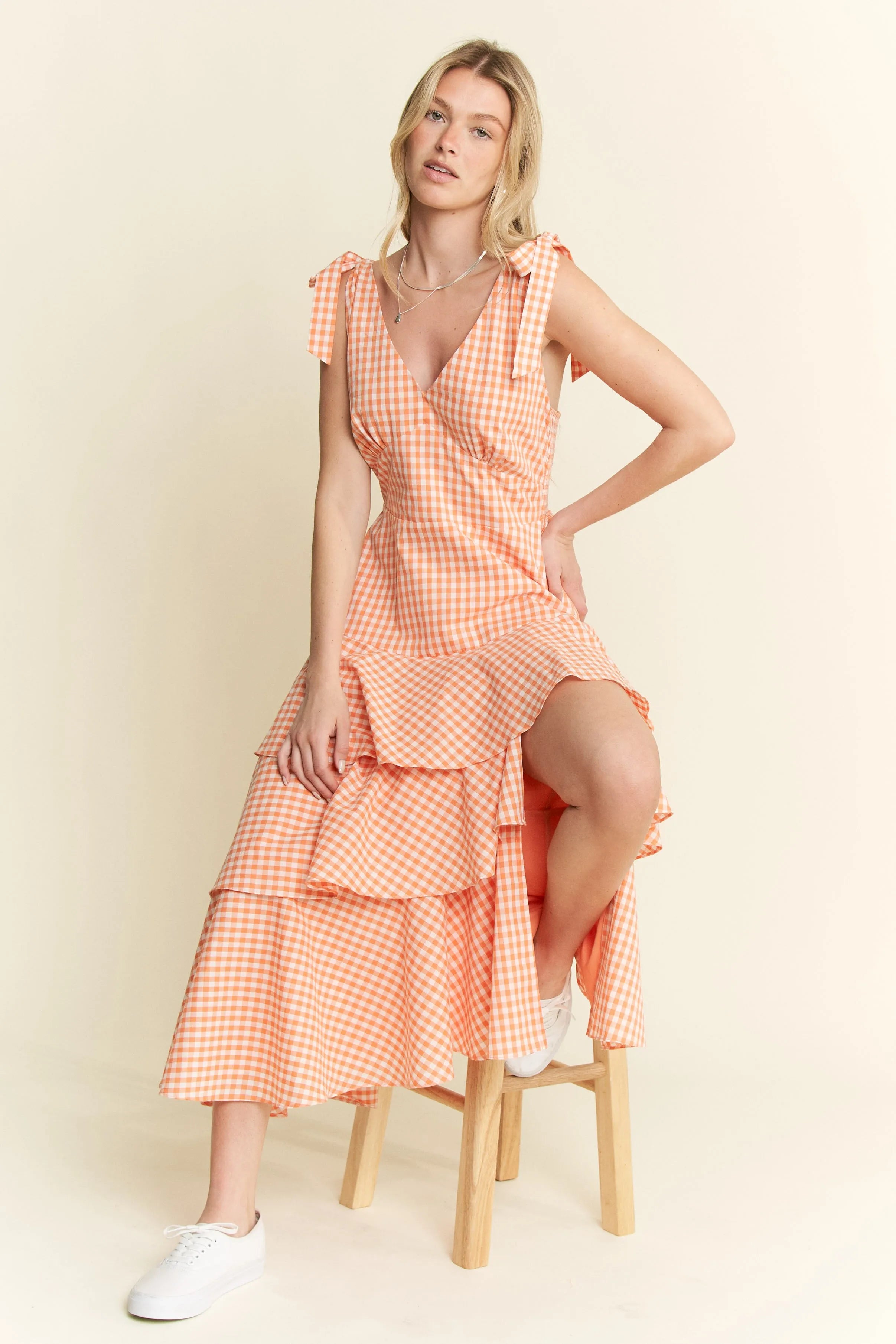 Jade By Jane Sleeveless Gingham Print Tiered Midi Dress OutfitFlow