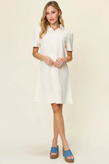 Double Take Full Size Texture Collared Neck Short Sleeve Dress OutfitFlow