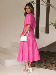 Surplice Half Puff Sleeve Midi Dress OutfitFlow