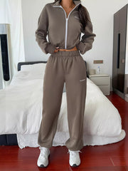 Casual Zipper Front Sweatshirt & Drawstring Pants Set OutfitFlow