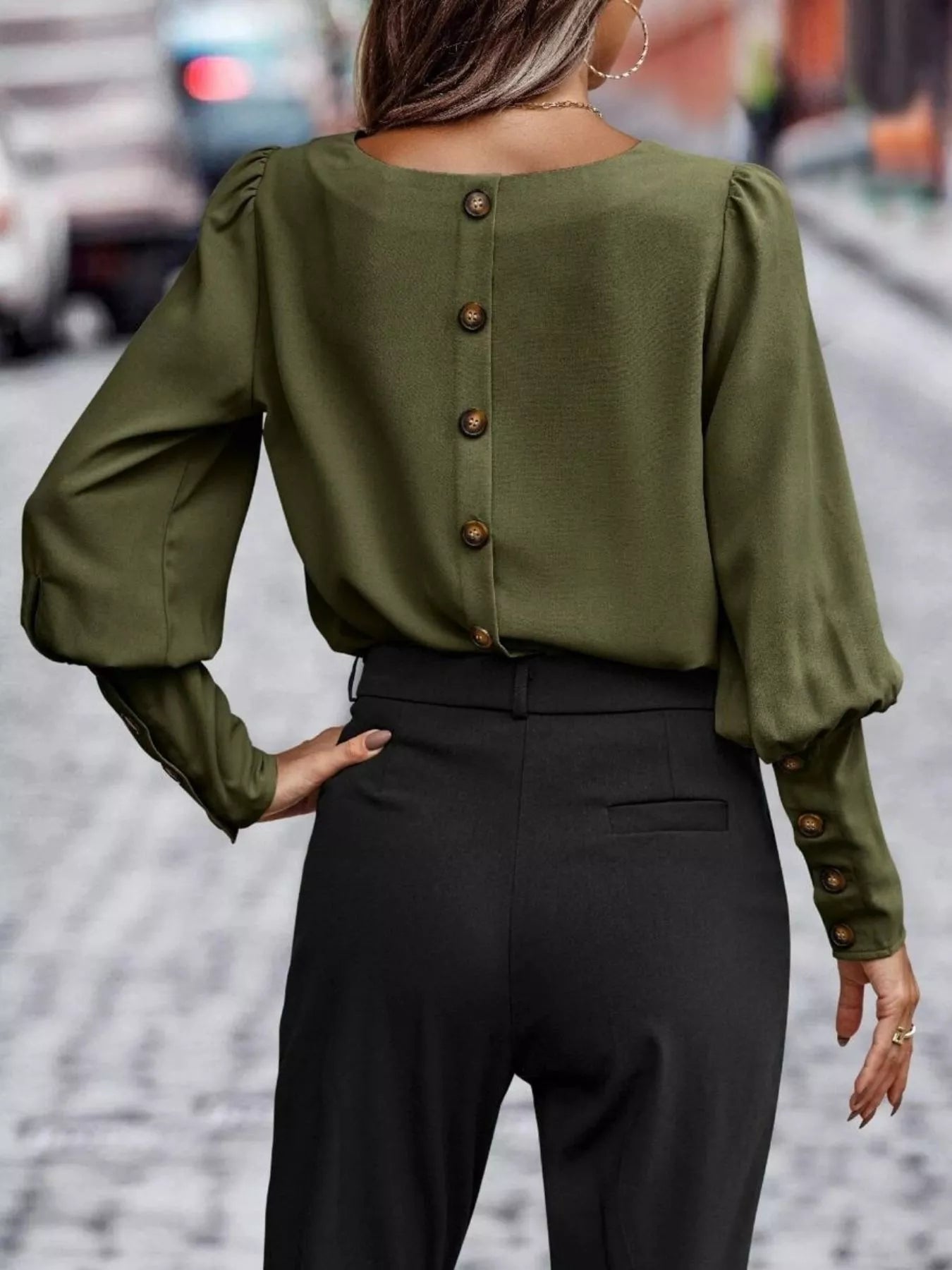 Back Button Lantern Sleeve Blouse OutfitFlow