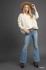 Umgee V-Neck Sweater with Wide Trim Detail OutfitFlow