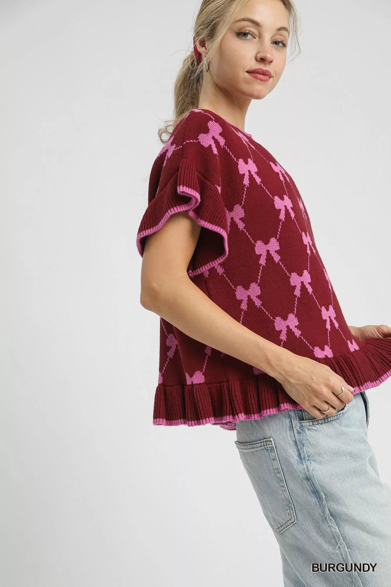 Umgee Bow Knit Ruffle Sleeve Sweater Trendsi