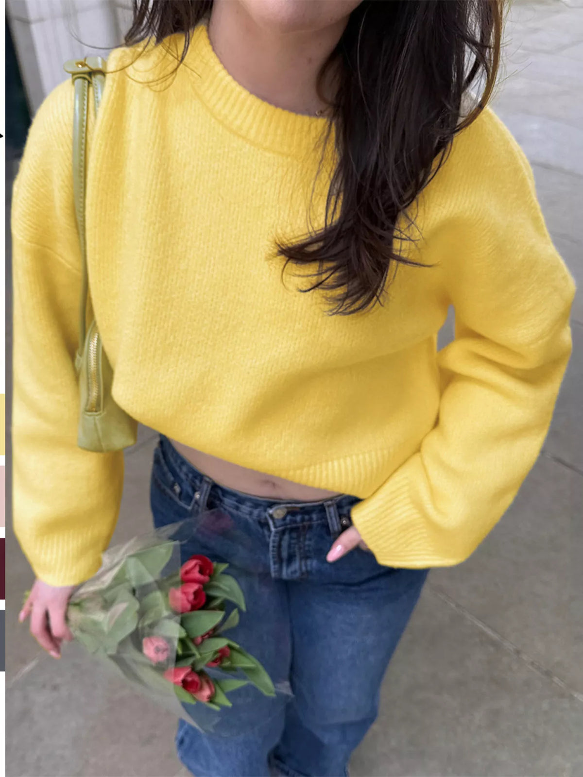 Ribbed Round Neck Dropped Shoulder Sweater Yellow OutfitFlow