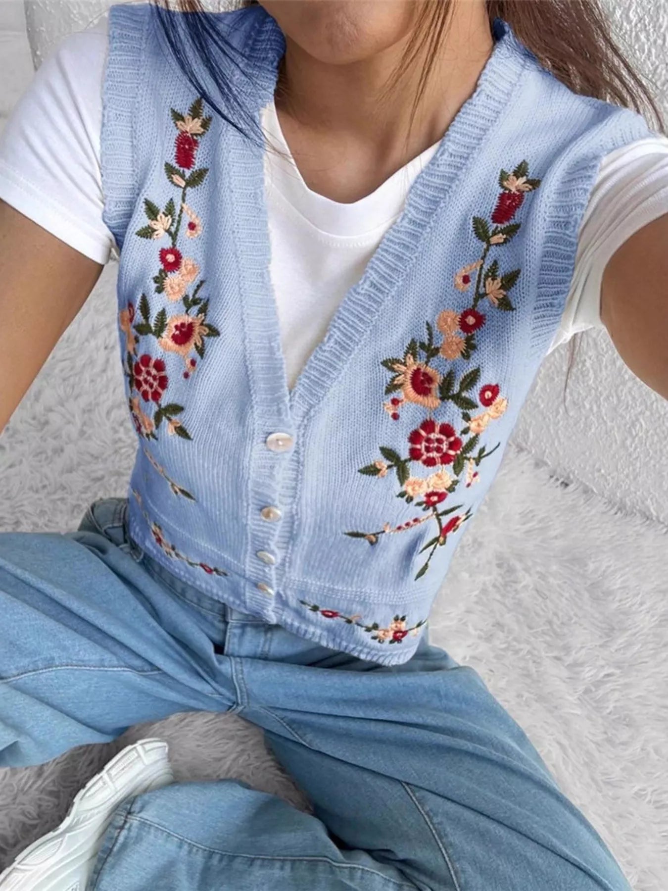 Embroidered Button Up Sweater Vest OutfitFlow