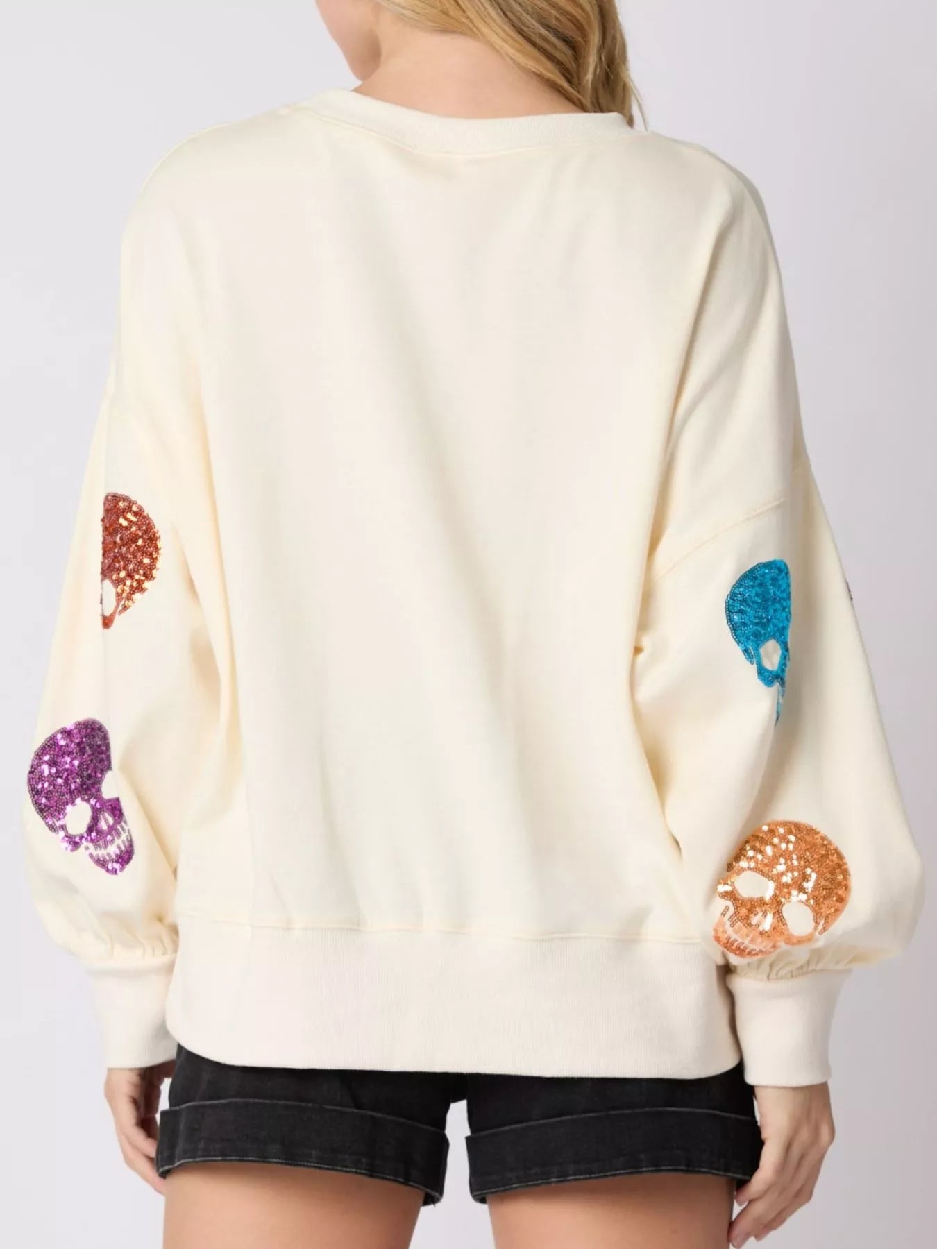 Halloween Colorful Skull Sequin Oversized Sweatshirt OutfitFlow