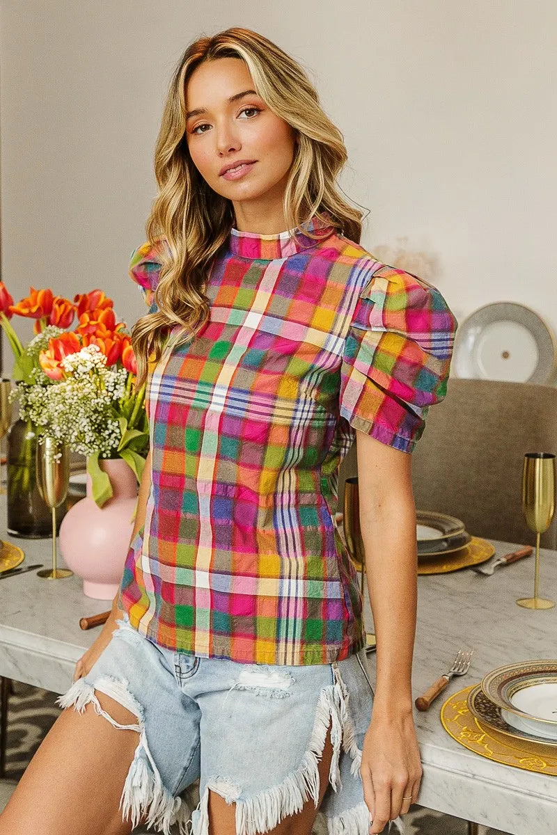 BiBi Short Puff Sleeve Washed Vintage Plaid Top OutfitFlow