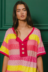 BiBi Multi Color Stripe Hacci Button Detail Ringer Top OutfitFlow