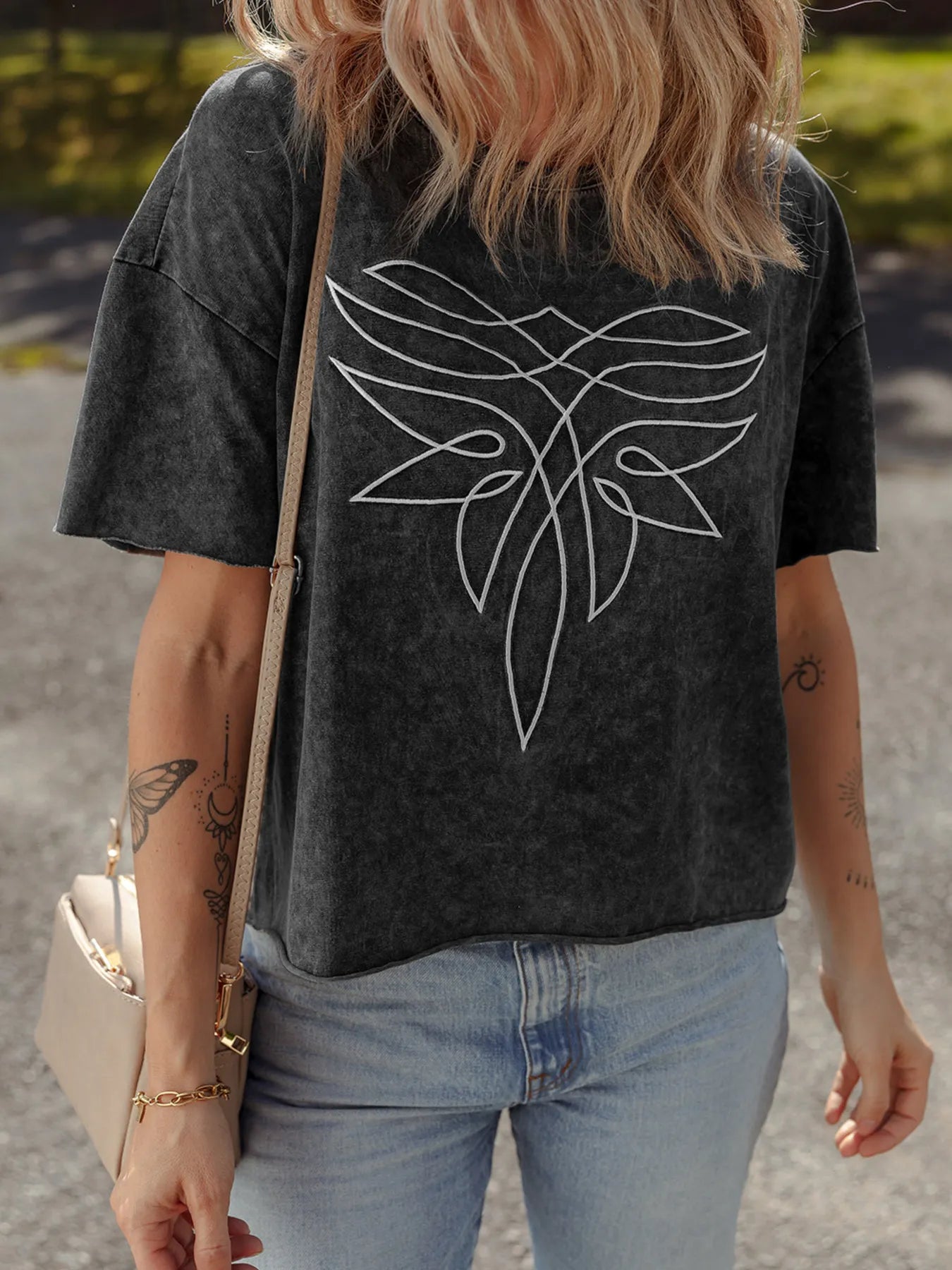 Floral Embroidered Mineral Wash Crew Neck T Shirt OutfitFlow