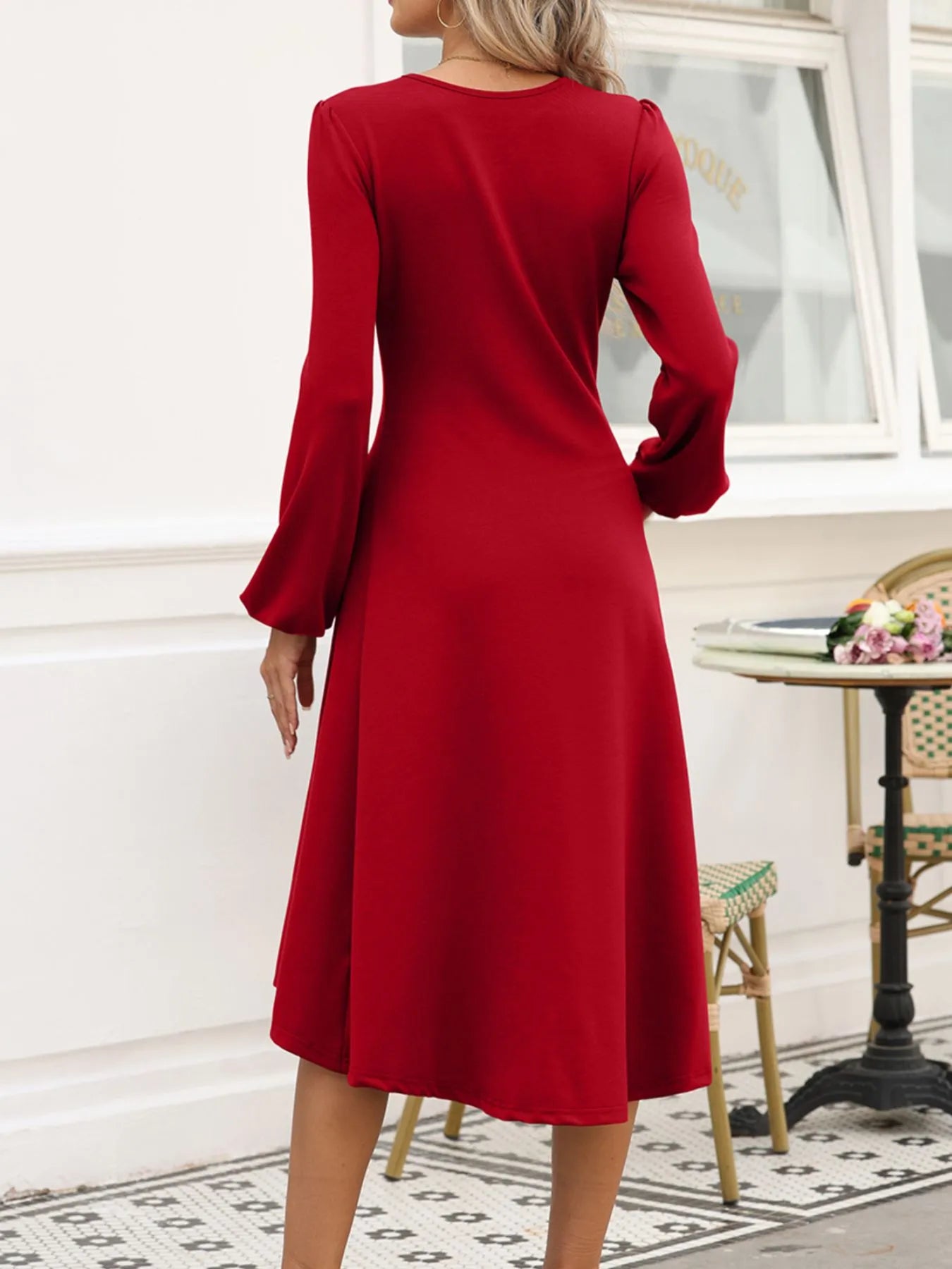 Solid Color Ruched Detail Long Sleeve Midi Dress OutfitFlow