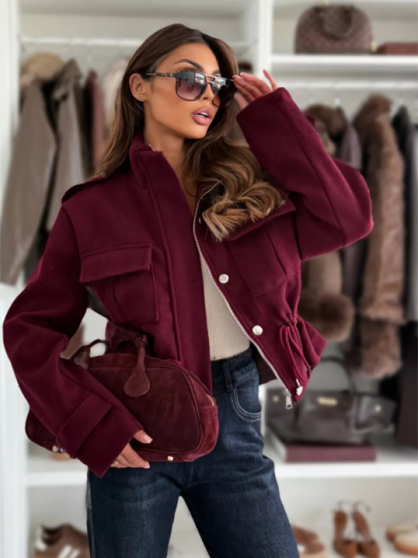 Drawstring Waist Cropped Jacket Burgundy OutfitFlow