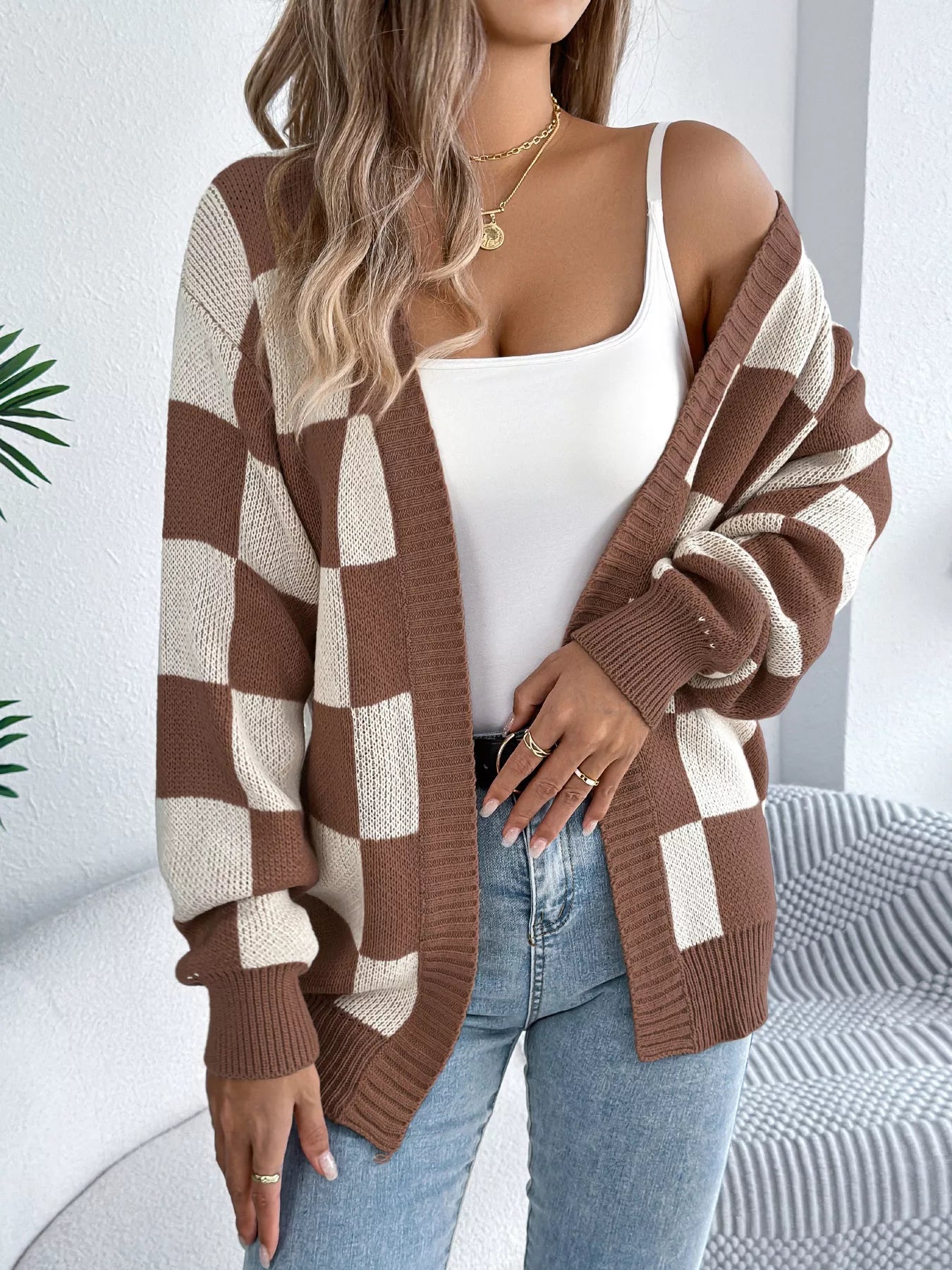 Checkered Pattern Open Front Cardigan OutfitFlow