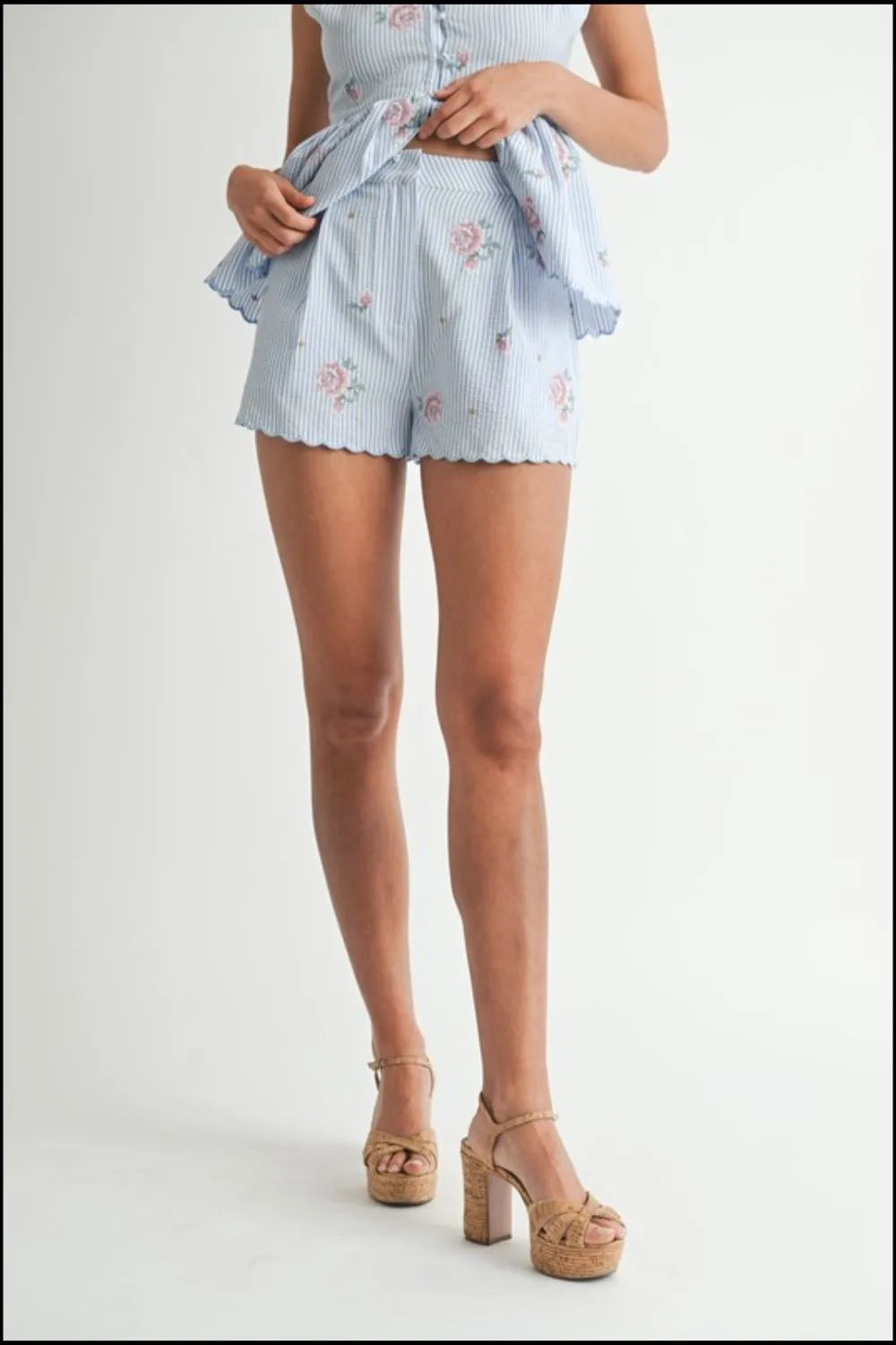 MABLE Stripe Embroidered Peplum Cami and Shorts Set OutfitFlow