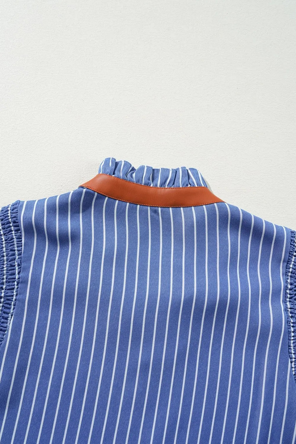 Stripe Frilly Split Neck Shirred Ruffle Sleeve Short Shift Dress OutfitFlow