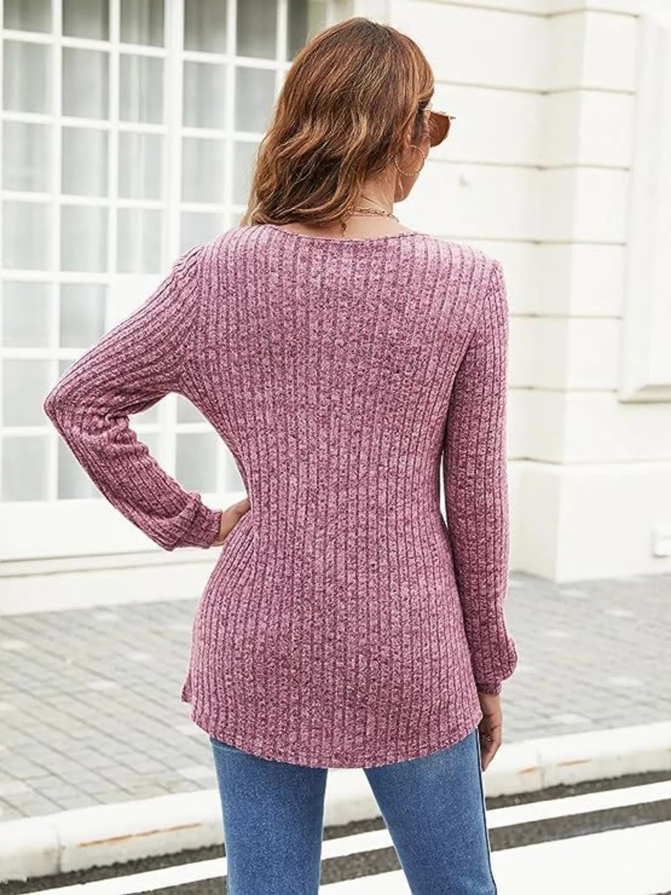 V-Neck Ribbed Long Sleeve Knit Top OutfitFlow