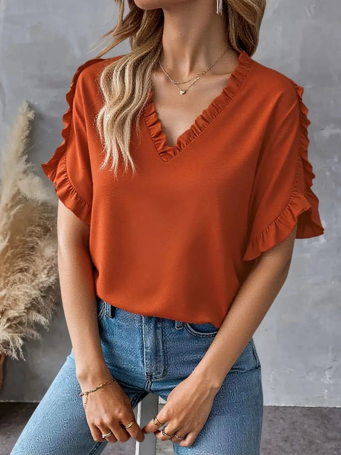 Ruffled V-Neck Short Sleeve Blouse Orange OutfitFlow