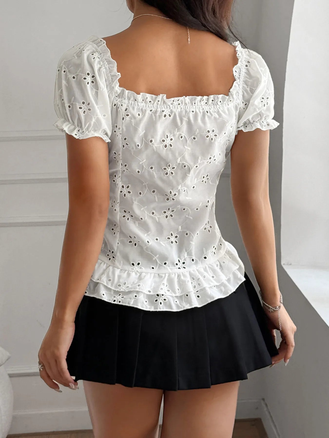 Eyelet Lace Short Sleeve Blouse OutfitFlow