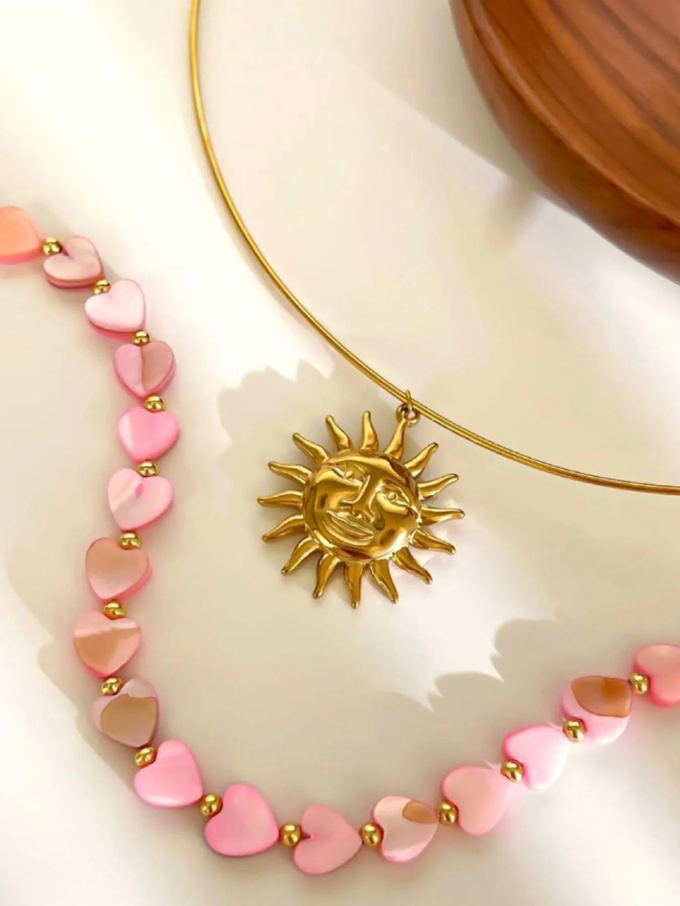 2-Piece 18K Gold-Plated Heart Beads and Sun Pendant Necklace OutfitFlow