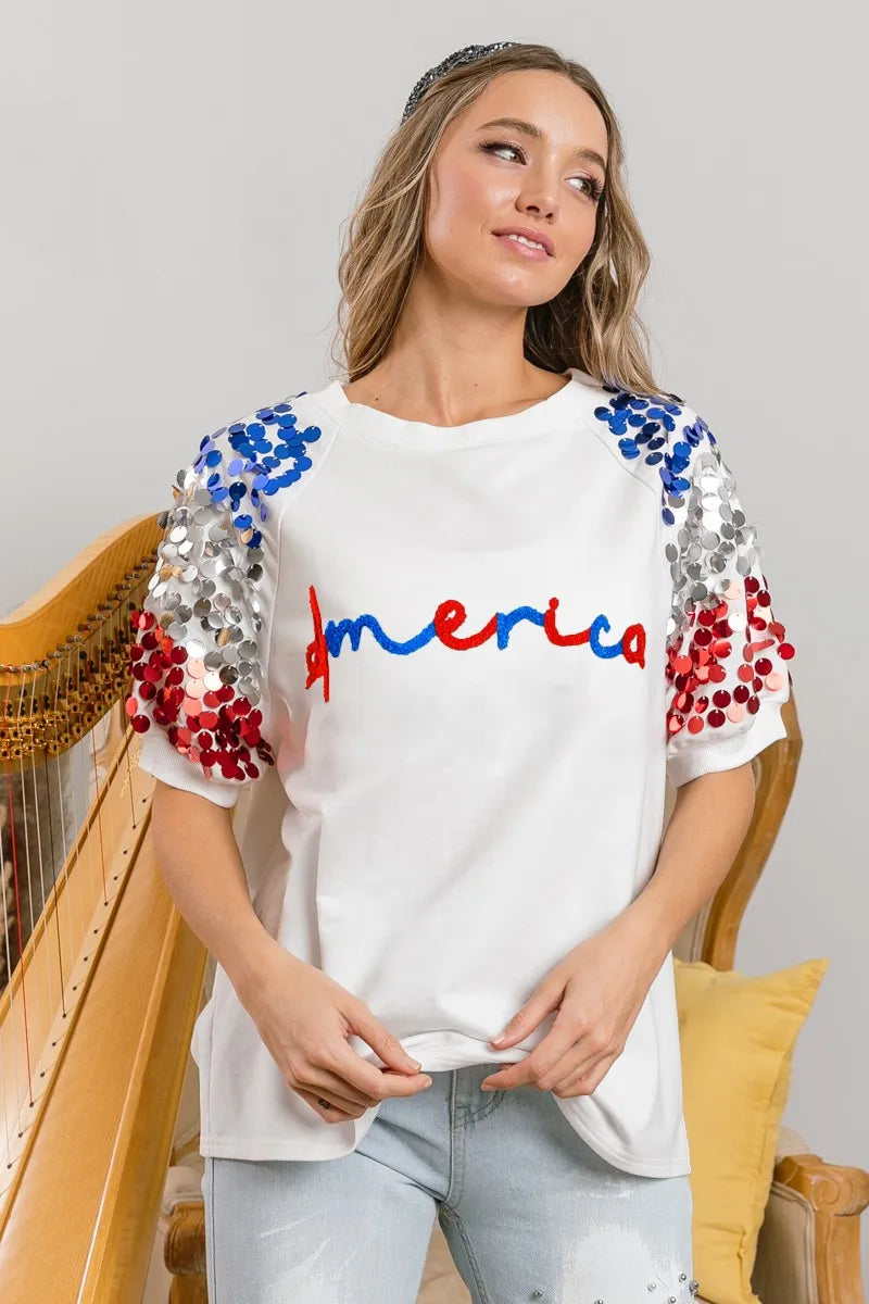 BiBi America Letter Applique Spangle Puff Sleeves Top OutfitFlow