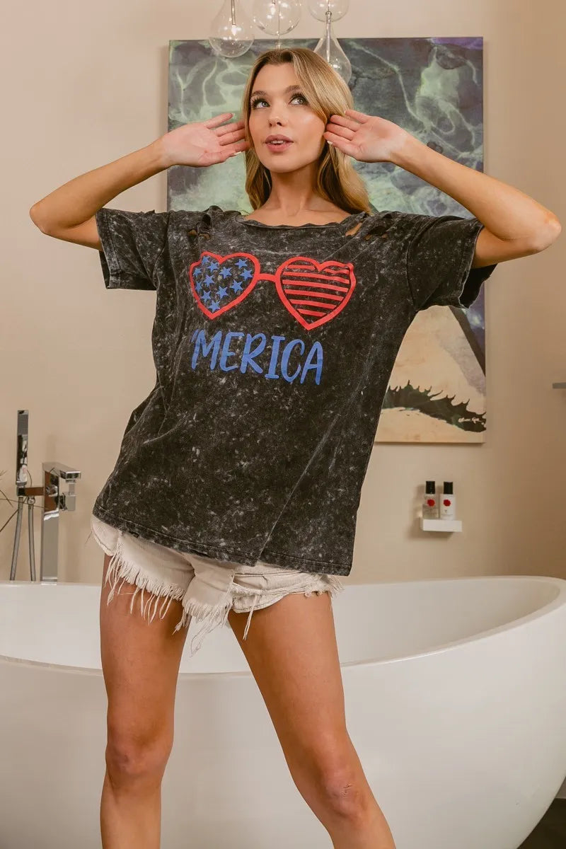 BiBi 4th Of July Theme Mineral Washed Laser Cut Top OutfitFlow
