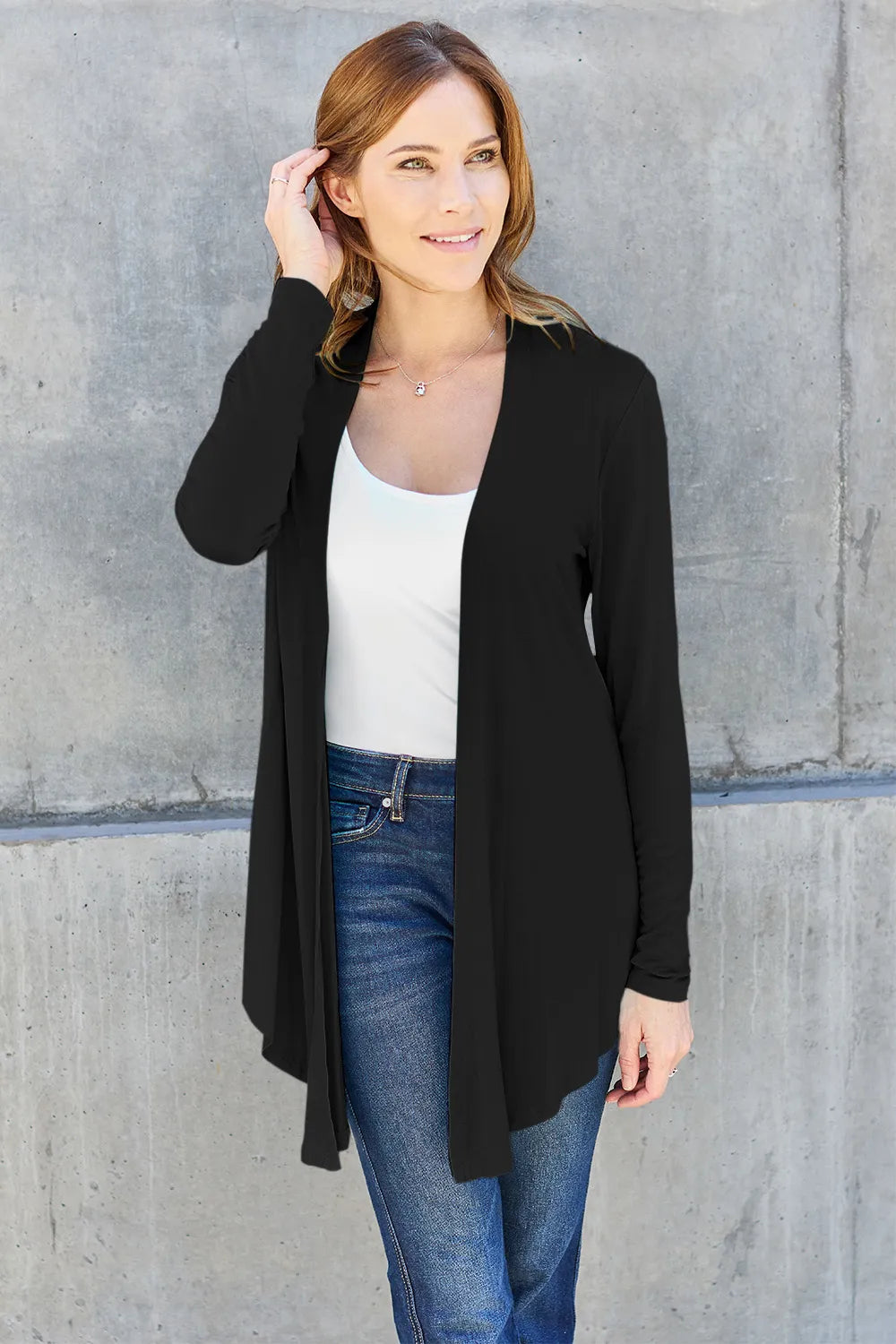 Basic Bae Full Size Open Front Long Sleeve Cardigan Black OutfitFlow