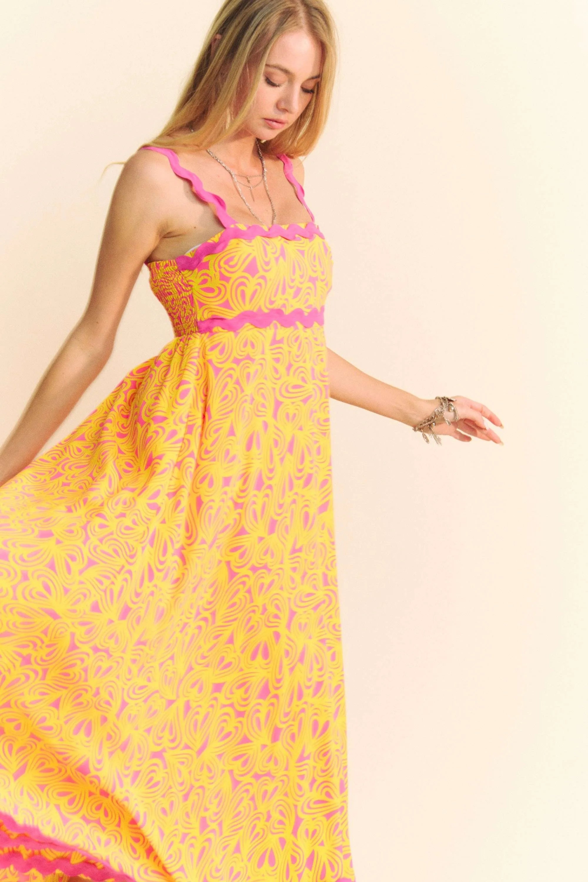 Davi & Dani Geo 2 Tone Printed Wavi Trim Tiered Maxi Dress OutfitFlow