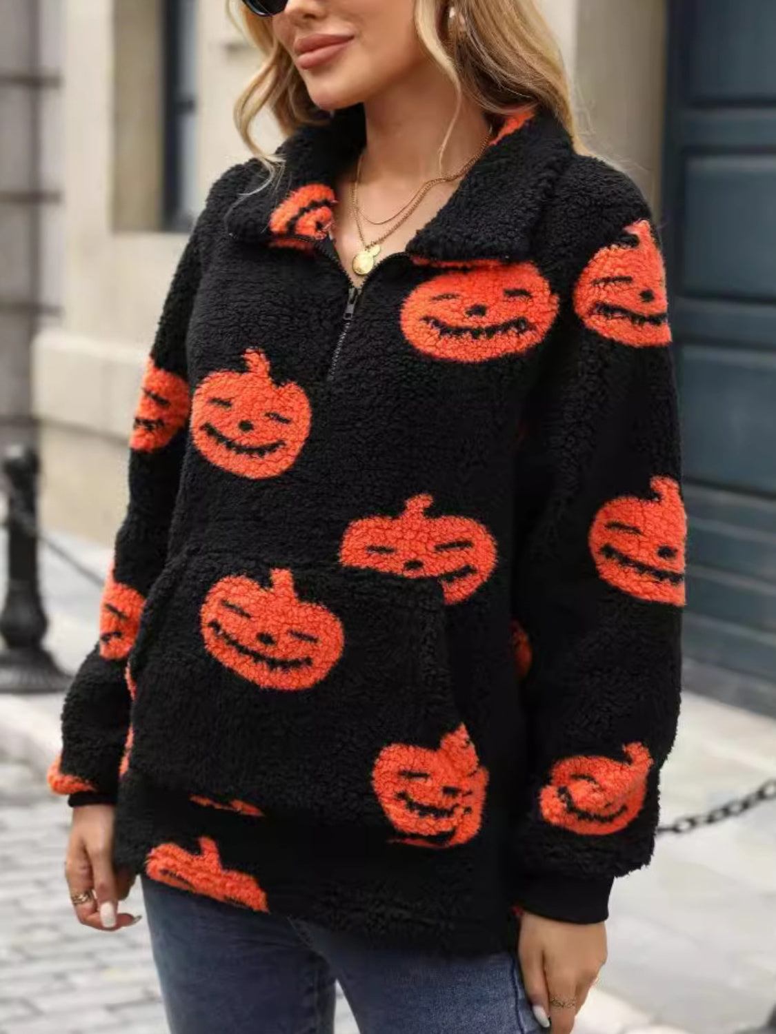 Outfit Flow - Jack-O'-Lantern Half Zip Long Sleeve Sweatshirt