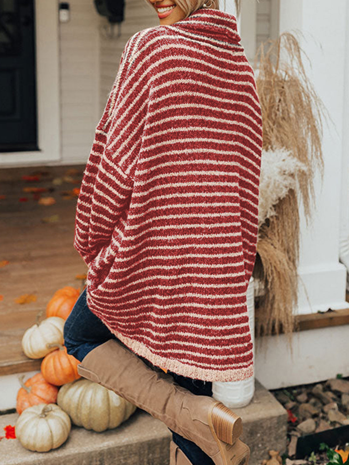 Striped Turtleneck Sweater with Pockets OutfitFlow