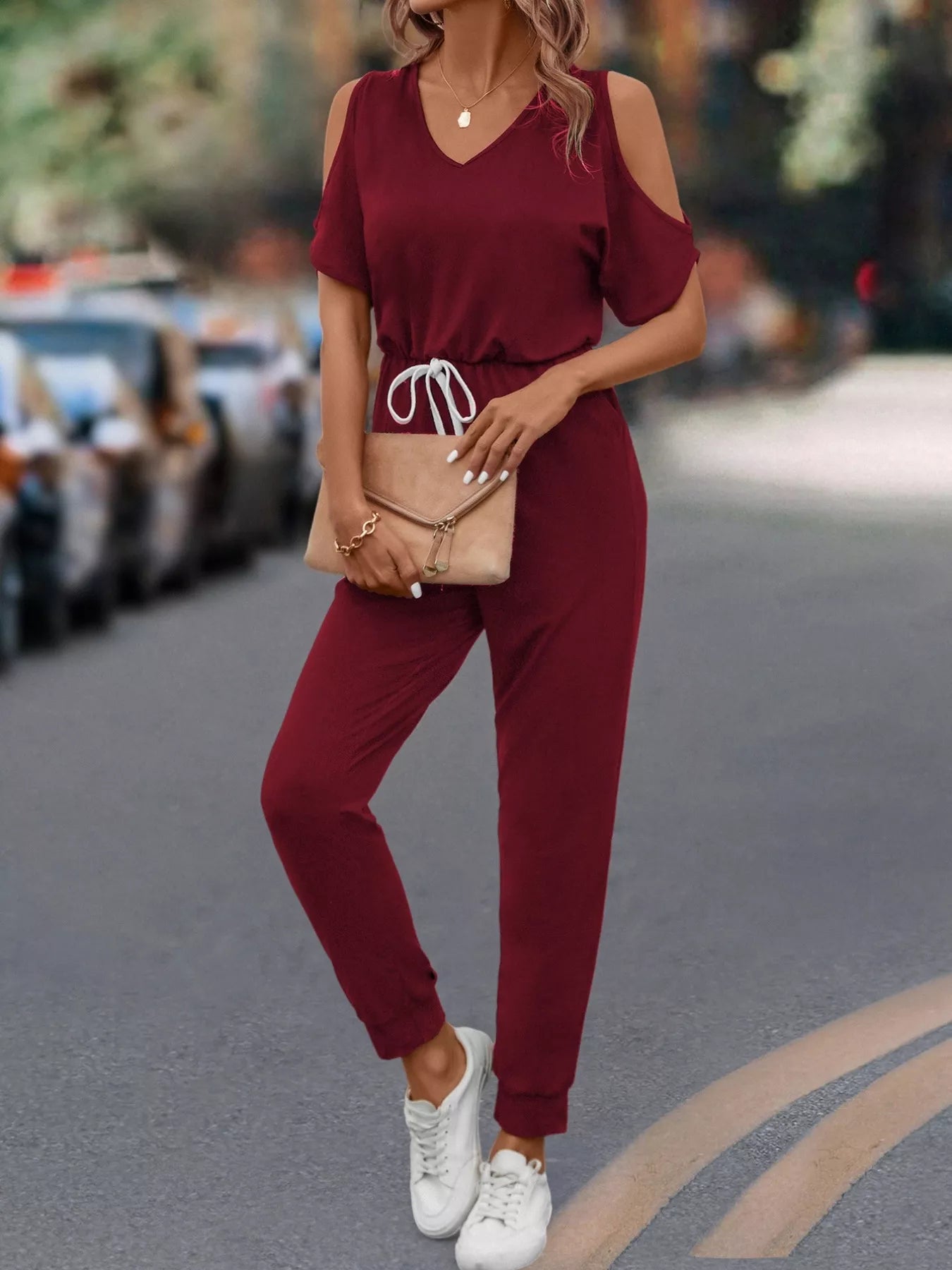 Cold Shoulder V-Neck Drawstring Waist Jumpsuit Trendsi
