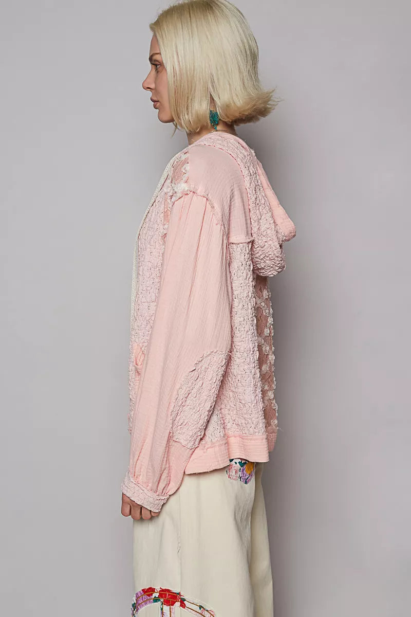 POL Exposed Seam Button Down Hooded Jacket with Lace Detail OutfitFlow