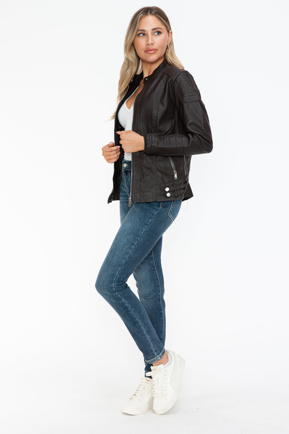 Outfit Flow - Snobbish Faux Leather Biker Jacket with Side Zip Pockets