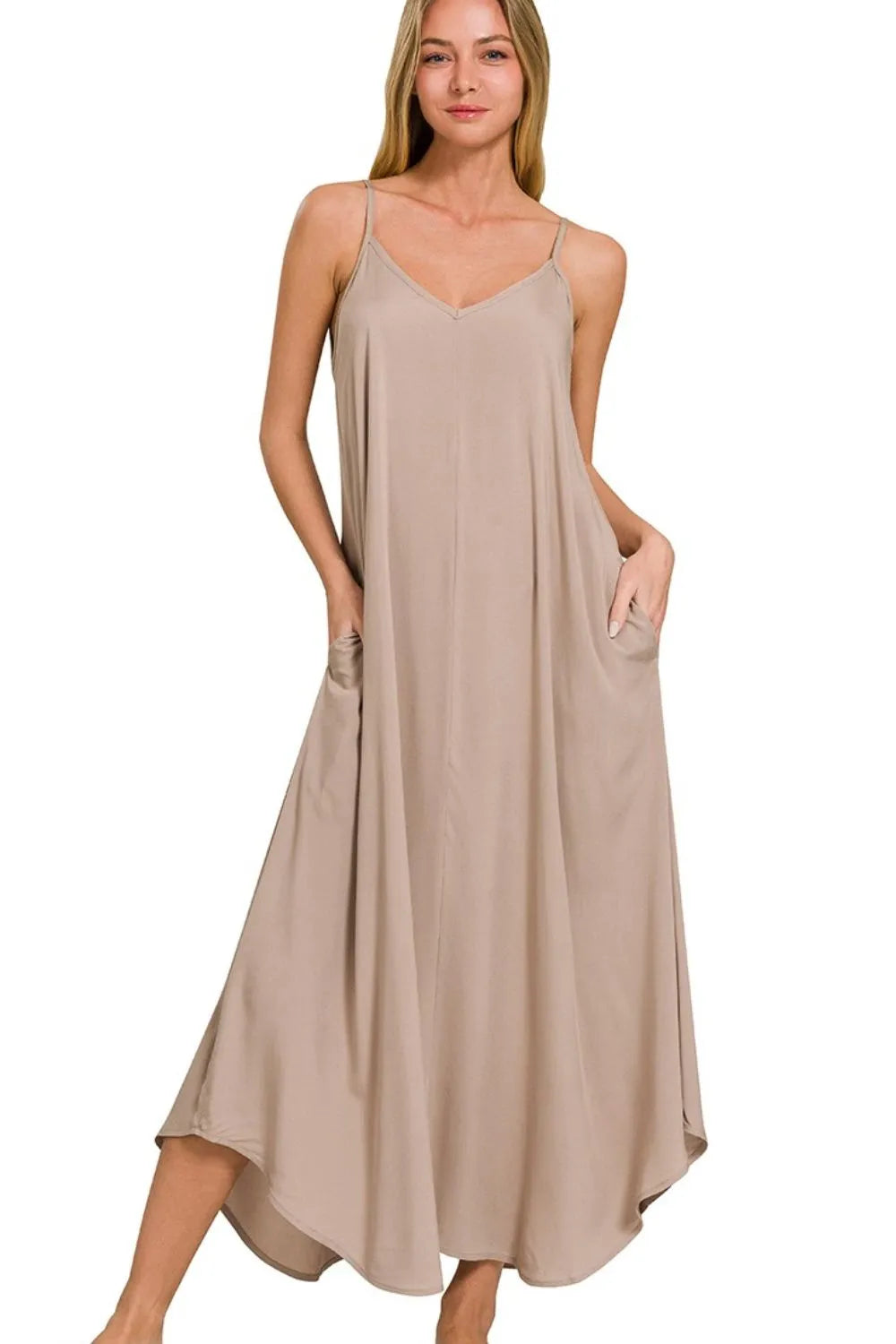 Zenana Woven Arc Hem Cami Dress With Flowy Pockets LT MOCHA OutfitFlow