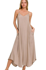 Zenana Woven Arc Hem Cami Dress With Flowy Pockets LT MOCHA OutfitFlow